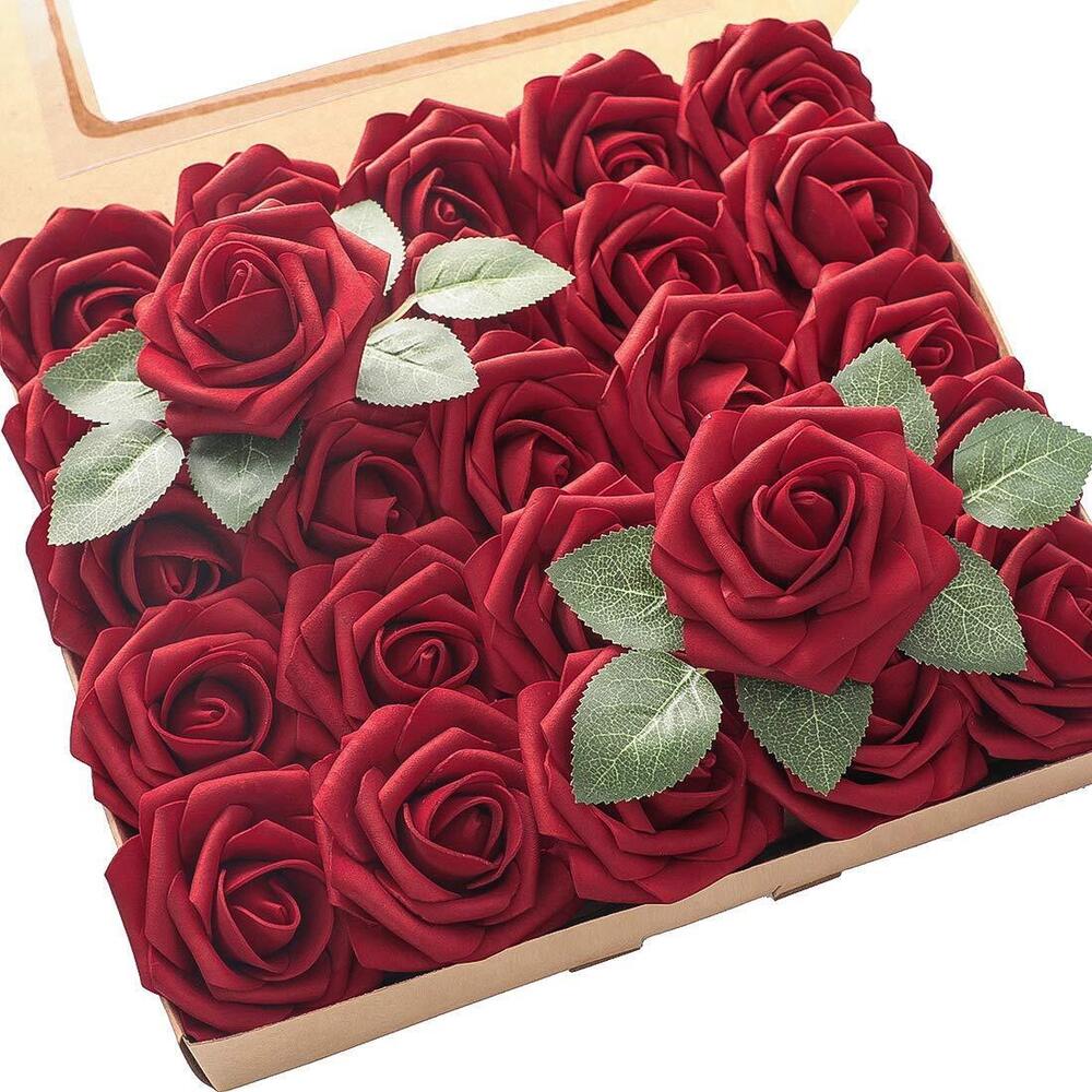 2077 Artificial Flowers 50pcs Real Looking Dark Red Foam Roses with Stems